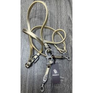 New! Chromebones Gold Leather Dog Leash Silver Crystal Bling Accents Bones Posh